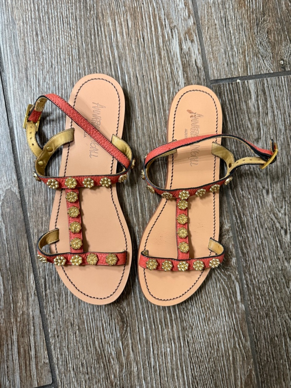 Annabel Ingall Coral T-Strap Sandals with Gold Accents